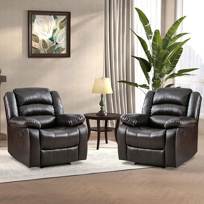 ANJ Manual Recliner Chair Set of 2, Breathable Faux Leather Reclining Chairs with Overstuffed Arm and Back, Living Room Single Sofa Recliners (Dark Brown)