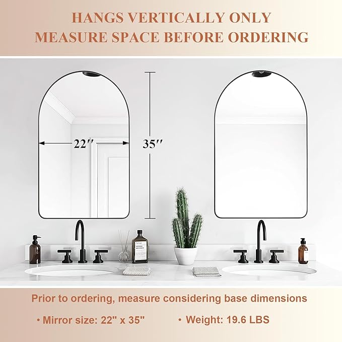 ANDY STAR Arched Mirror, Black Bathroom Mirror in Stainless Steel Metal Frame, Arch Top Rounded Corner 1 Inch Deep Set Design Wall Mount Hangs Vertical