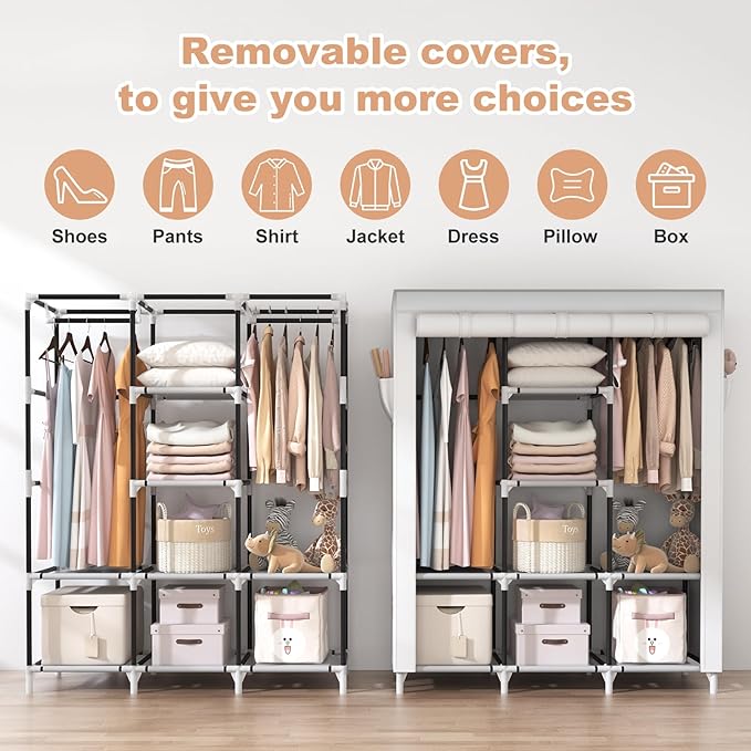 VTRIN Portable Closet Wardrobe for Hanging Clothes with 2 Hanging Rods and 8 Storage Organizer Shelves,Sturdy Large Wardrobe Closet for Bedroom Free Standing Clothes Rack with Cover,White