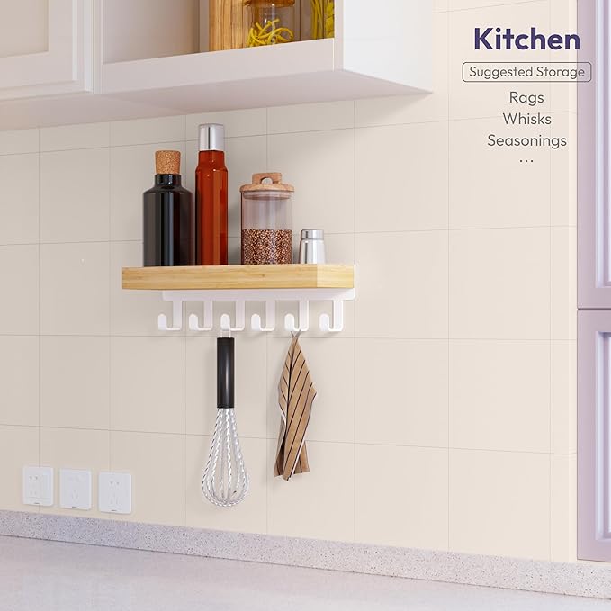 SWTYMIKI Key Holder Wall Mount-Wooden Key Hooks for Wall with Mail Organizer & 6Hooks, 2Installation Ways Key Hanger, Key Rack with Shelf for Entryway Living Room Bedroom Home Decor Wood White Hook