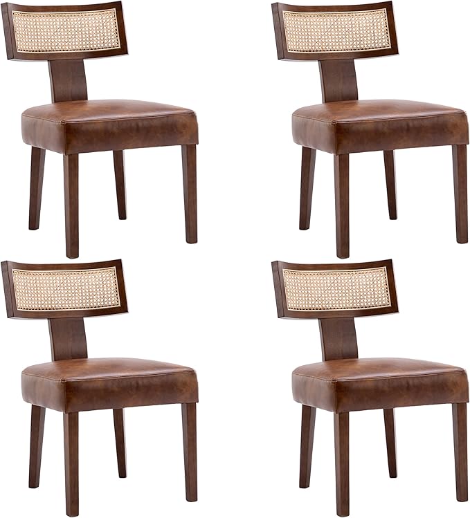 Mid Century Modern Dining Chairs Set of 4 Rattan Kitchen Chairs PU Leather Upholstered Side Chairs, Modern Kitchen Armless Solid Wood Dining Chairs, Brown
