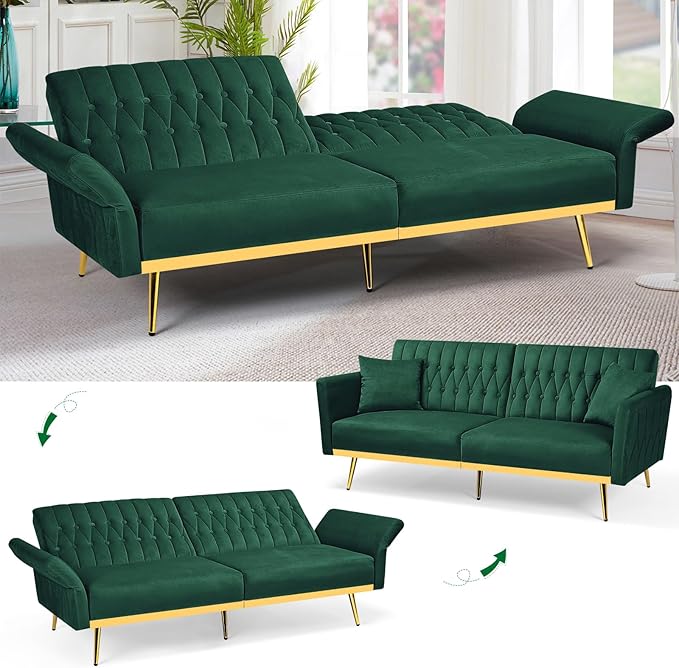70” Velvet Futon Sofa Bed w/Adjustable Backrests and Armrests, Convertible Futon Couch with 2 Pillows, Modern Tufted Sleeper Bed for Living Room, Bedroom,Green