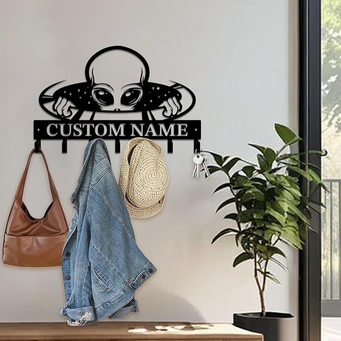 Personalized Custom Alien ET Metal Wall Keys Hooks,Clothes Hooks Alien ET Art Coat Racks,Door Holder,Black Alien ET Decorations for Home,Entrance Doors,Hallway, Bedroom,Keys,Hats (Style A)
