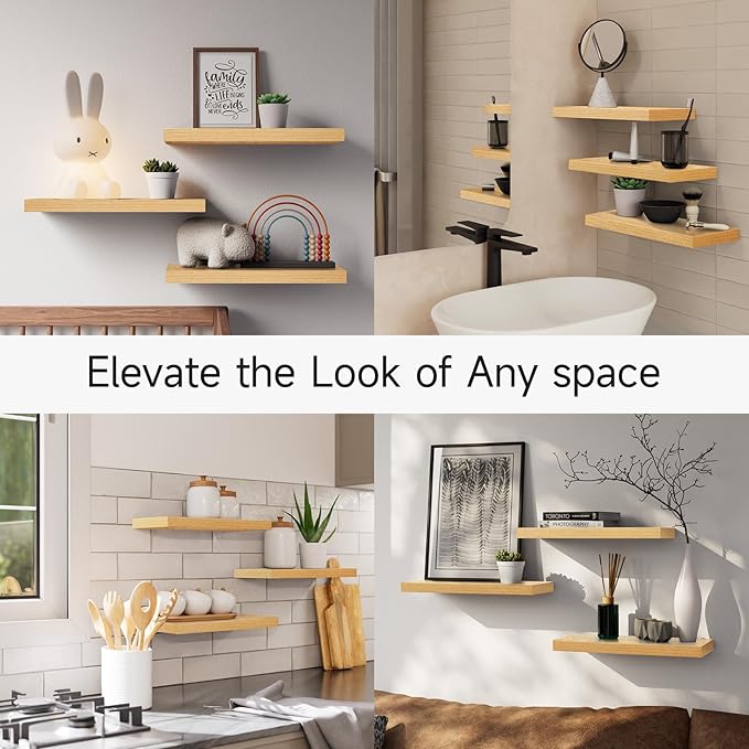 BAYKA Floating Shelves for Wall, 22.5 inches Wall Mounted Rustic Wood Shelves for Bathroom, Bedroom, Living Room, Floating Shelves for Books/Storage/Decor (Light Oak-Toned,Set of 3)