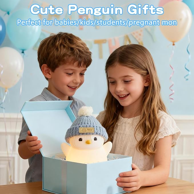 Penguin Night Light for Kids, Adorable Penguin Lamp with Hat, Food Grade Silicone Nursery Nightlight, Rechargeable/Dimmable/Timer,LED Squishy Novelty Animal Bedside Lamp,Funny Gifts for Boys