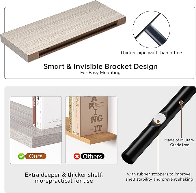 Floating Shelves - 24 Inch Rustic Wooden Wall Shelves - Extra Deeper & Thicker Wall Mounted Storage Shelf for Living Room, Kitchen, Farmhouse - 24" W x 9" D x 1.6"H - Rustic Grey, 2 Pack