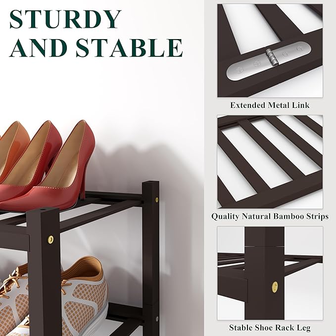 Smiry Shoe Rack, 2 Tier Bamboo Shoe Organizer, Stackable Free Standing Wooden Shoe Storage Shelf for Closet, Entryway, Front Door Entrance, Brown