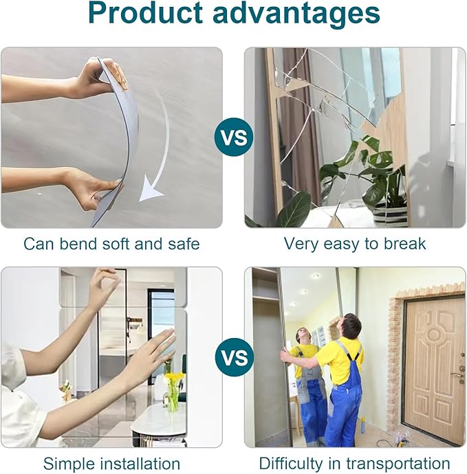 Full Length Shatterproof Wall Mirror, 16Pcs 10 Inch Acrylic Mirror Tiles for Home Gym, Fitness Studio, Kids Room, Dance & Yoga Practice, Safe Unbreakable Toddler Mirror for Wall