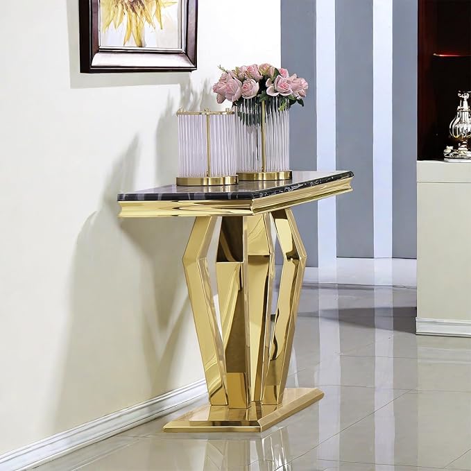 Gold Console Table, Black and Gold Sofa Table, 50 inch Entrance Table with Polished Geometric Base for for Entryway, Living Room, Hallway