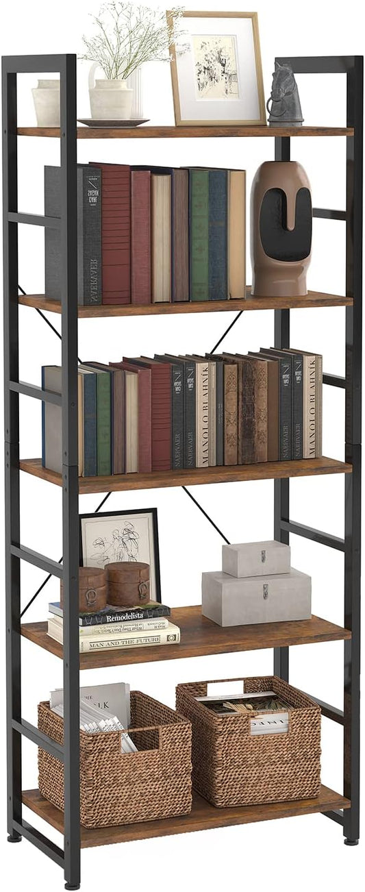 24" Bookshelf, 5-Tier Ladder Shelf, Industrial Bookcase, Wooden and Metal Storage Rack, Shelving Unit for Living Room Entryway Office, Rustic Brown Book Shelves