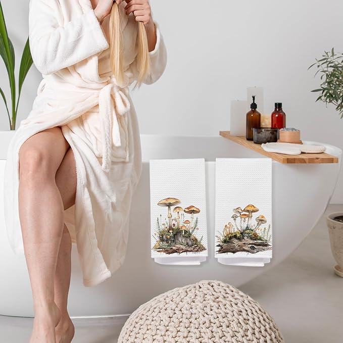 Mushroom Bathroom Decor Hand Towels, Mushroom Gifts for Women, Cottagecore Decor Dish Tea Towels, Rustic Botanical Mushrooms Hand Towel for Bathroom Kitchen, 16x24 Inch Set of 2