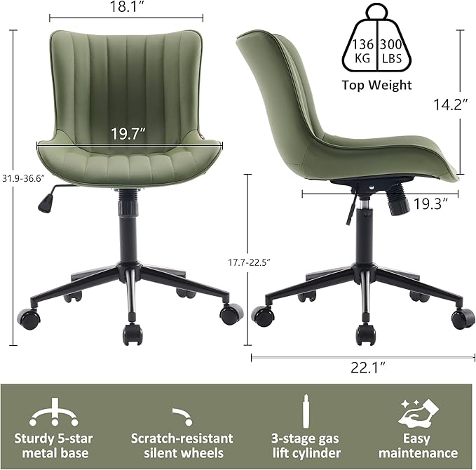 Kidol & Shellder Olive Green Leather Home Office Desk Chair with Wheels Modern Cute Armless Executive Swivel Vanity Chair with Comfy Padded Back Ergonomic Rolling Adjustable Computer Task Chair Small