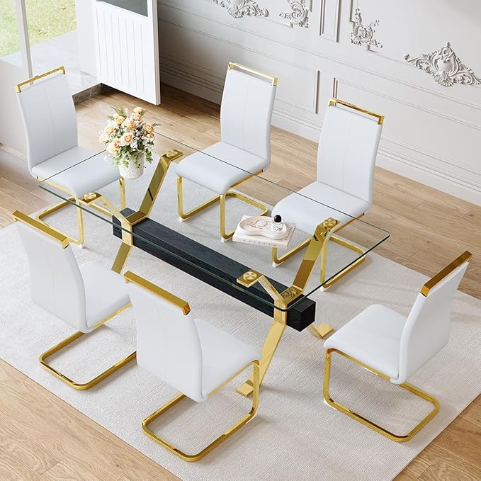 Glass Dining Table 71"｜Modern Dining Table for 6-8｜0.4" Thick Tempered Glass Top｜Chrome Gold Metal Legs｜Black Crossbar｜Easy Assembly｜Perfect for Dining Room or Kitchen