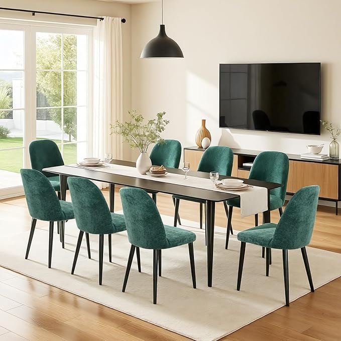 Upholstered Dining Chairs Set of 8, Mid Century Modern Fabric Dining Room Chair High-Back Padded Kitchen Chairs with Padded Seat and Metal Legs for Kitchen Dining Room Restaurant Cafe, Green