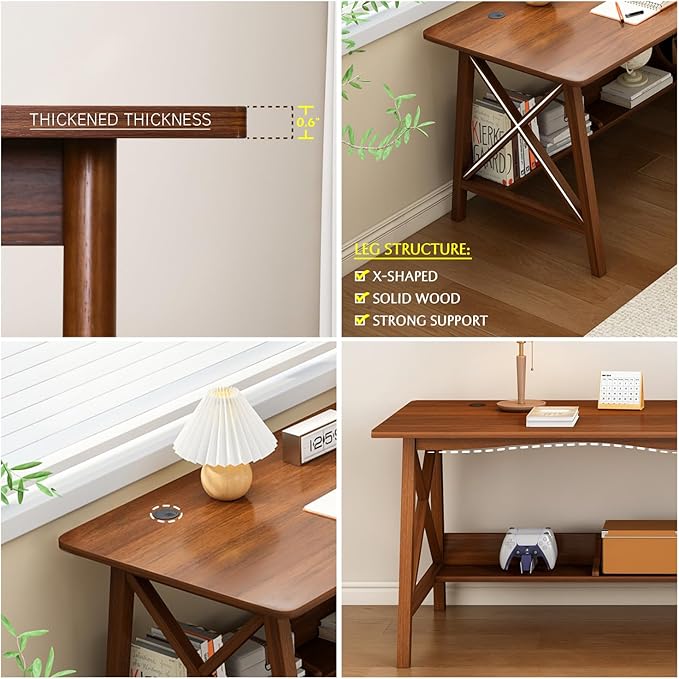 Extra Long Desk with Bookshelf - Wooden Home Office Work Study Table, 2-Person Writing Computer Workstation with Storage Shelf in Oak, 63" Wx24 Dx30 H