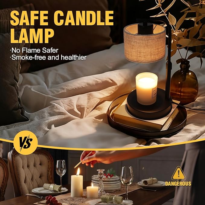 Candle Warmer Lamp with Timer,2 Bulbs, Metal Base and Adjustable Height Fabric Shade Candle Warmer Lamp for All Jar Candles, House Warming Decor Gifts, French Gold (Metal)