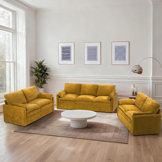 3 Pieces Chenille Sofa Set w/Arm Pillows, Upholstered 2 Pieces Loveseat & 3 Seater Sofa w/Comfortable Back Cushions, Modern 2-Seat & 3-Seat w/High-Density Foam for Living Room, Yellow