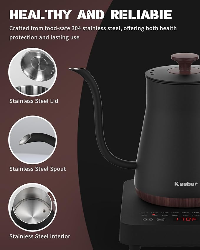 Electric Kettle, Electric Gooseneck Kettle with 6 Temperature Control Presets and LED Display, 0.8L/27.05oz, 0.8mm Ultra-Fine Spout, 304 Stainless Steel Inner, 1000W Gooseneck Kettle, Matte Black