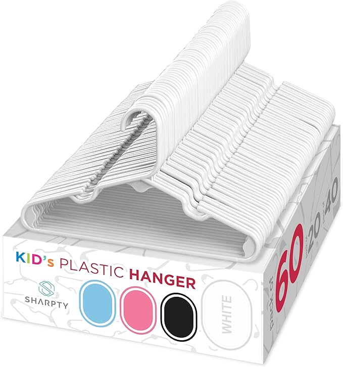 Sharpty Kids Plastic Hangers, Children's Hangers for Baby, Toddler, and Child Clothes - Everyday Standard Use - Ideal for Boys and Girls Closet, Clothing, Pants, Coats, and More - White, 60 Pack