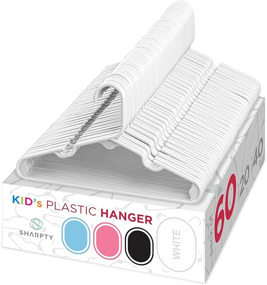 Sharpty Kids Plastic Hangers, Children's Hangers for Baby, Toddler, and Child Clothes - Everyday Standard Use - Ideal for Boys and Girls Closet, Clothing, Pants, Coats, and More - White, 60 Pack