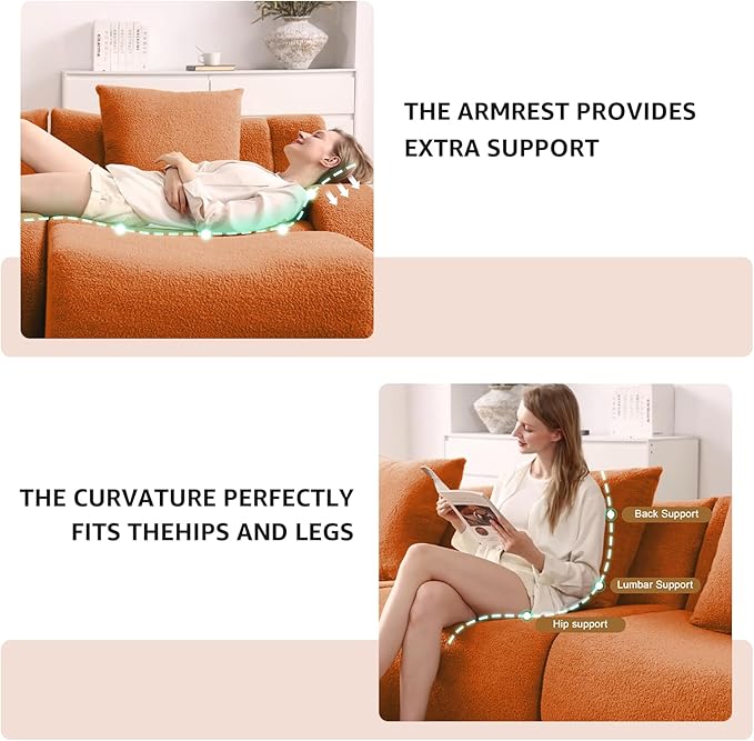 Orange Modular Cloud Couch Loveseat with 2 Ottomans, Modern Teddy Fabric Boneless Sectional Sofa in a Box for Living Room, Deep Seat Floor Couch, No Assembly Required, Sofas para Sala