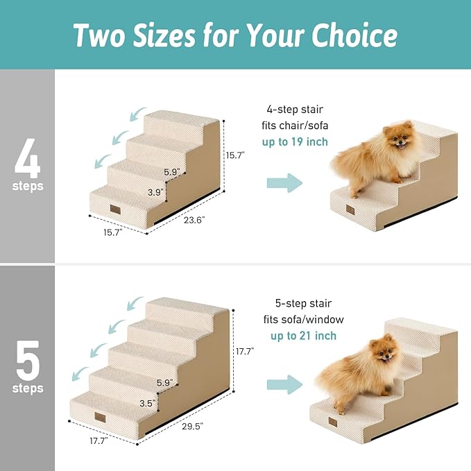 Slope Dog Stairs 17.7" H, Pet Steps for Couch Bed with Washable Cover, Non-Slip Foam Dog Ramp for Small Old Puppy Cats, 5 Step, Beige