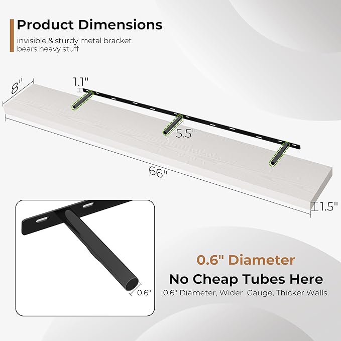 Fun Memories 72 Inch Floating Shelves for Wall, Fireplace Mantel Shelf with Invisible Heavy Duty Bracket, 8 Inch Deep Storage Shelf for Living Room, Kitchen, Farmhouse, White