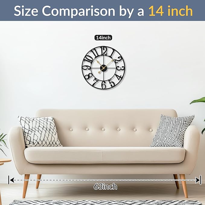 LEIKE Arabic Numeral Wall Clock 14IN Battery Operated Black, Silent Non Ticking, Wall Clocks for Living Room Decor, Small Classic for School, Office, Home, Kitchen, Bedroom