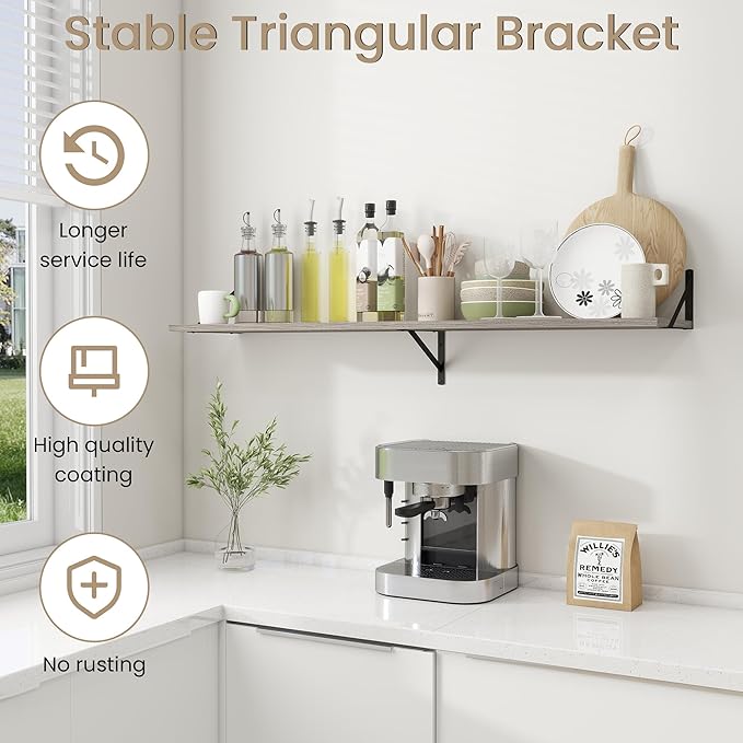 Dreamland Floating Shelves for Wall, 12 Inch Deep Floating Shelves Set of 2, 55W x 12D Large Wall Shelf with Sturdy Metal Brackets for Living Room, Bathroom, Bedroom and Kitchen, Grey