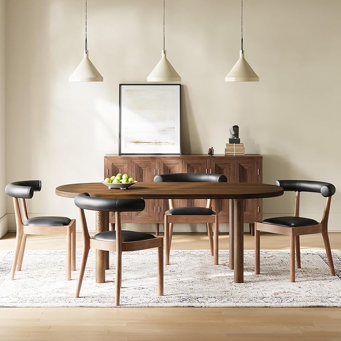 Kmax Dining Room Chairs Mid-Century Modern Leather Kitchen Chairs with Natural Walnut Finished Frame, PU Curved Back, Set of 4, PU Black