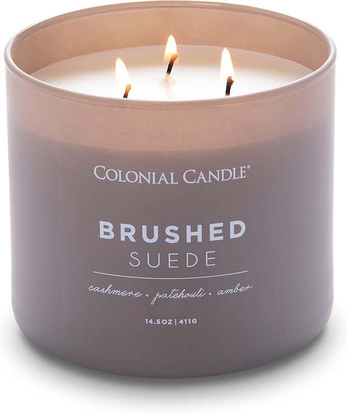 Colonial Candle Brushed Suede Scented Jar Candle, Pop of Color Collection, 3 Wick, Grey, 14.5 oz - Up to 60 Hours Burn