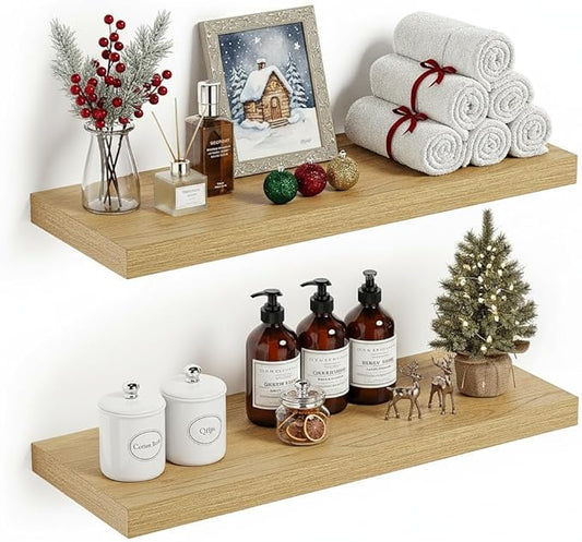 Vivelove Oak Floating Shelves 24 inchs Long, 9.1” Deep Bathroom Shelves Wall Mounted for Bedroom, Living Room, Kitchen, Office, Rustic Home Decor, Wall Shelves with Invisible Brackets, Set of 2