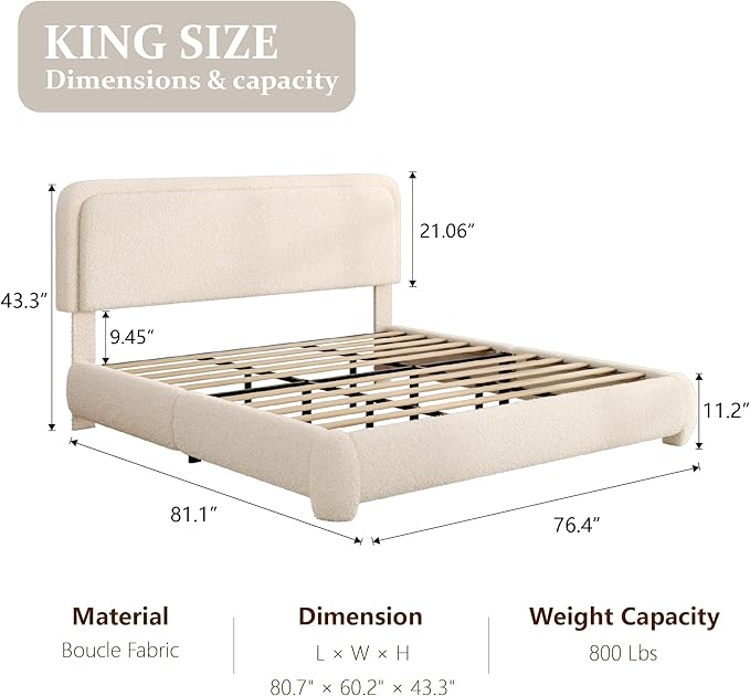 King Size Bed Frame with Headboard Adjustable, Boucle Upholstered Platform King Bed Frame, Anti-Collision Soft Rounded Corners, No Box Spring Needed, Noise-Free, Easy Assembly, Beige