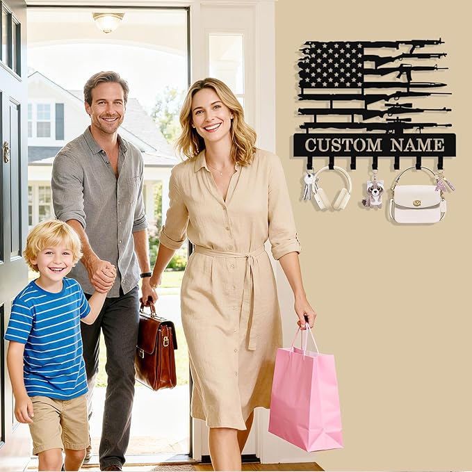 Personalized Flag Forest Key Holder Wall Mount, Custom Metal Key Holder for Wall with Name, Custom Keys Rack Hanger with Hooks for Entryway, Front Door, Hallway, Living Room, Kitchen