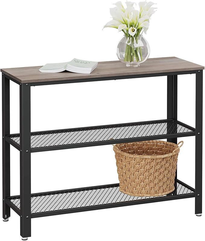VASAGLE 40" Industrial Console Table, 3 Tier Entryway Table with Storage Shelf, Narrow Sofa Table for Living Room, Hallway, Entrance Hall, Corridor, Bedroom, Greige and Black ULNT081B02