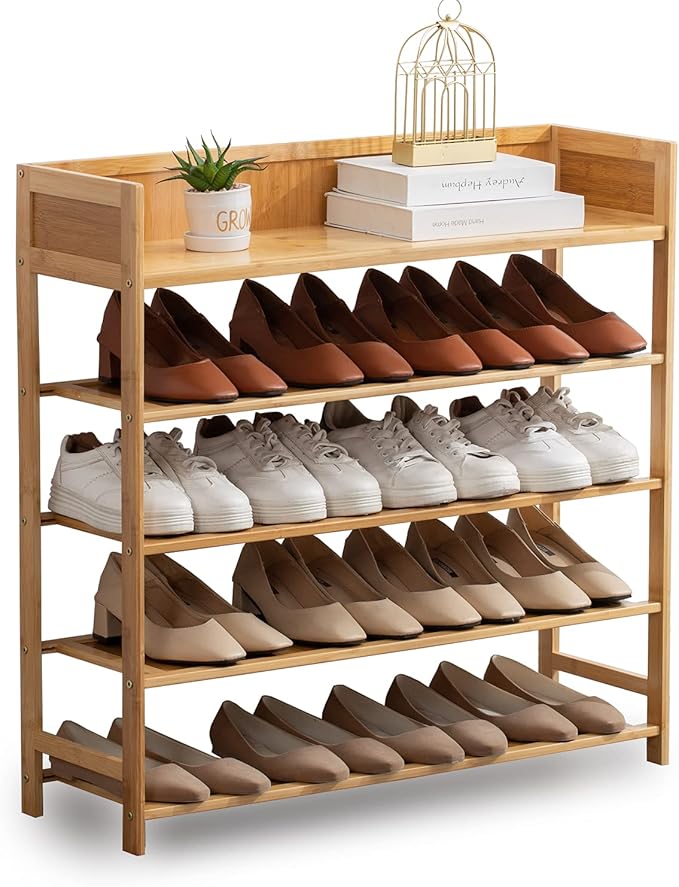Bamboo Shoe Rack Organizer, 5 Tier Shoe Shelf Storage Organizer, for Entryway, Hallway, and Closet (Nature)