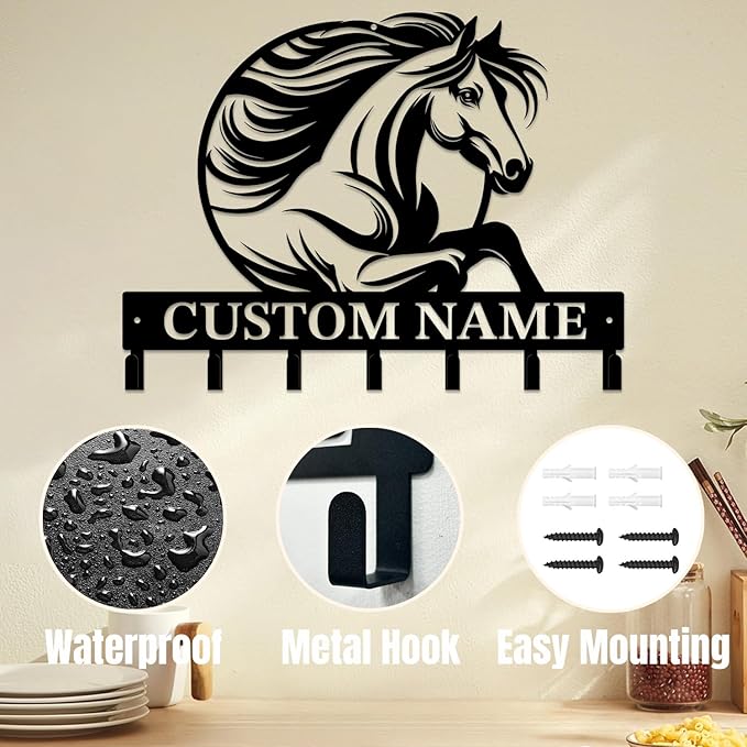 Personalized Custom Name Farm Horse Wall Key Hooks,Metal Horse Art Clothes Hooks,Metal Horse Wall Home Storage Decorative,For Front Door, Hallway, Kitchen, Bedroom,Keys,Hats (Style J)