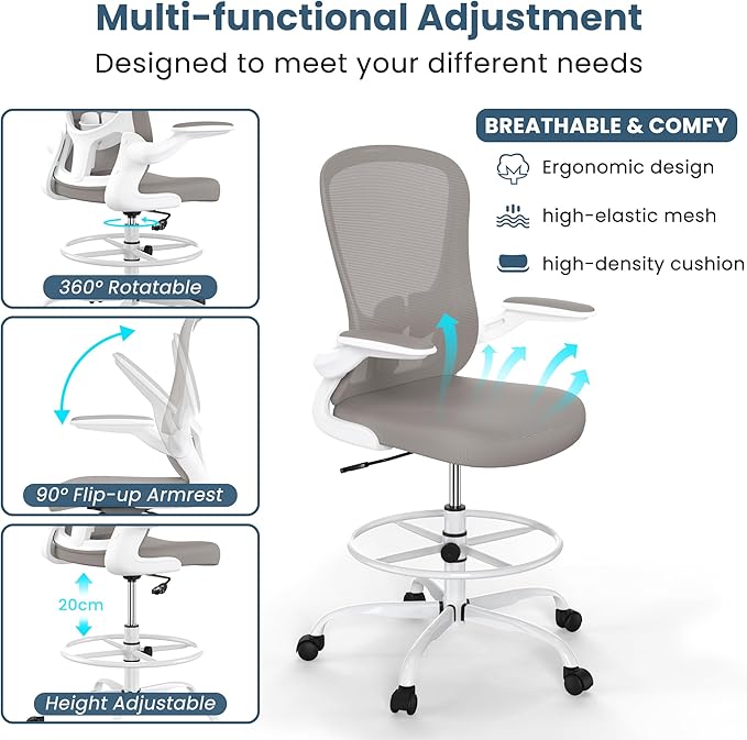 Drafting Chair, Tall Office Chair with Flip-up Armrests Executive Ergonomic Computer Standing Desk Chair, Office Drafting Chair with Lumbar Support and Adjustable Footrest Ring