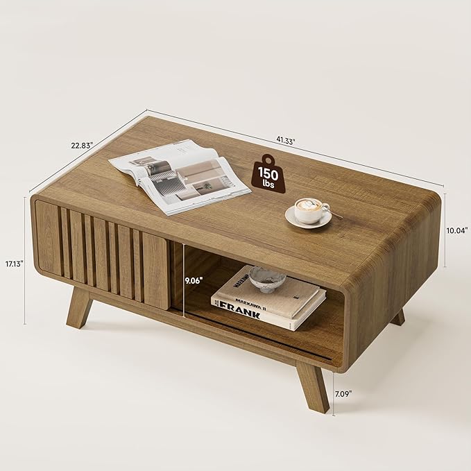 ONBRILL Coffee Table, Mid Century Modern Table with Storage Compartment, Fluted Table with Sliding Cabinet Door, Farmhouse Wood Coffee Table for Living Room (Natural)