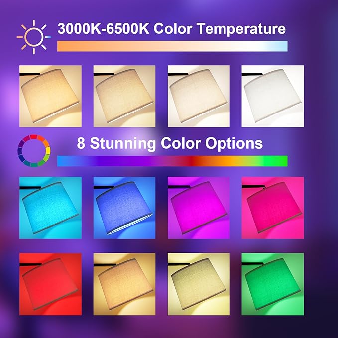 Ambimall RGB Floor Lamp - Remote Control, 8 Colors and 3000K-6500K Color Temperature, Fully Dimmable, Standing Lamp for Living Room with Rotating Head, Tall Lamp for Bedroom (RGB-Black and Beige)