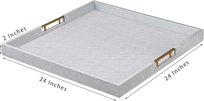 24x24 Inches Extra Large Silver Faux Leather Wrapped Wood Ottoman Tray with Golden Handles for Serving Food and Breakfast On Bed, Square Coffee Table Organizer, Home Decor and Decorative