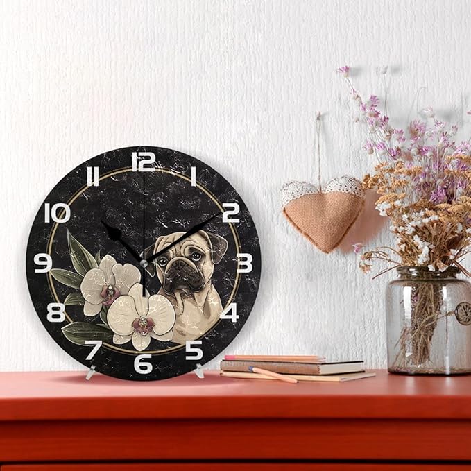 Bolaz Wall Clocks Decorative Bedroom Silent Living Room Desktop Cute Pug Flower Tabletop Shelf Clocks Round Battery Operated 10 Inch Non-Ticking