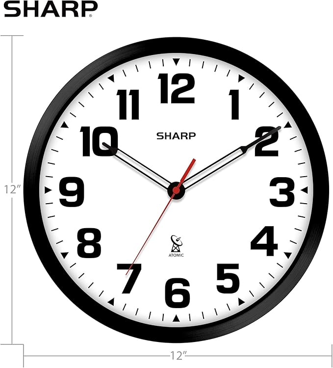 Sharp Atomic Analog Wall Clock - 12" Black Stylish Frame - Sets Automatically- Battery Operated - Easy to Read - Easy to Use – Modern Design and Style