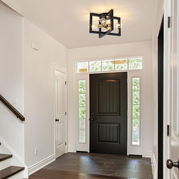 Modern Black and Brushed Gold Semi Flush Mount Ceiling Light, 4-Light Industrial Geometric Light Fixture, Ceiling Lights for Hallway Entryway Laundry Kitchen Dining Room Bedroom Lighting, UL Listed