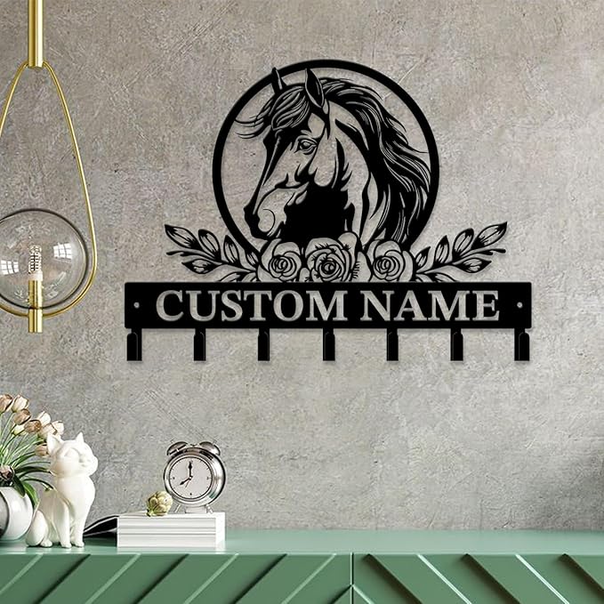 Custom Horse Key Hook - Personalized Forged Iron Wall Keys Holder with Equestrian Design, Black Metal Home Decor for Horse Theme Lovers (Style D)