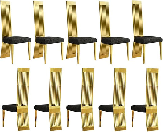 Upholstered Dining Chairs, Black and Gold Dining Room Chairs, Luxury Dining Chairs with Mirrored Metal Legs and Backrest, Set of 10
