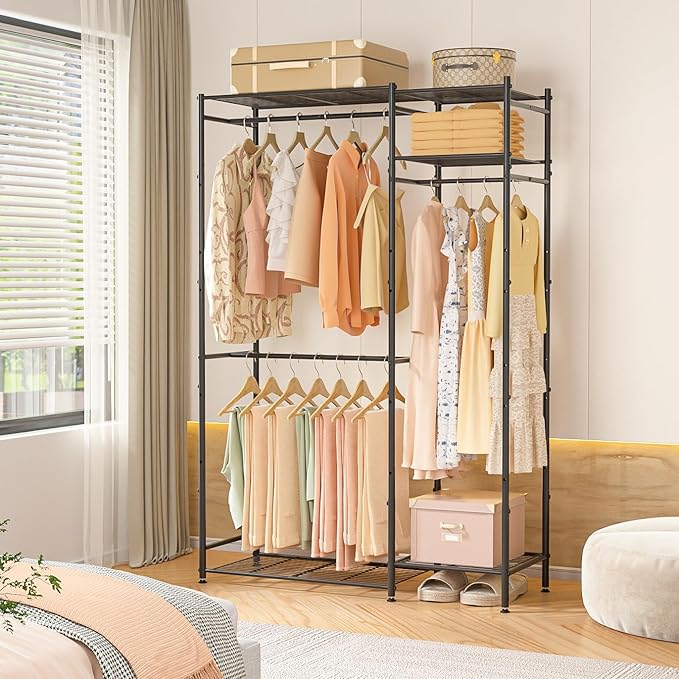 Neprock Portable Closets for Hanging Clothes, Freestanding Clothing Rack with 3 Hang Rods & 5 Shelves, Metal Wardrobe Garment Rack for Bedrooms