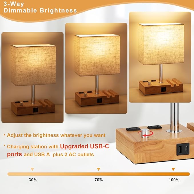 Kakanuo Fully Dimmable Nightstand Lamp for Bedroom with USB C Ports, Small Bedside Table Lamp with Charging Outlets and Phone Stands, Wooden Desk Lamp for Living Room, LED Bulb Included