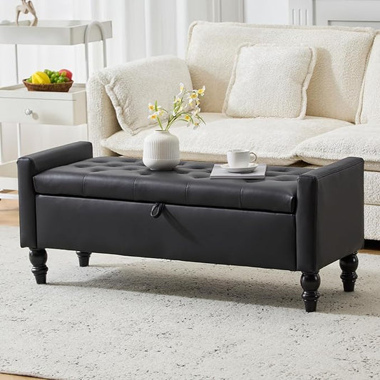 47" Storage Ottoman Bench, End of Bed Bench for Bedroom, Leather Upholstered Ottoman with Storage for Living Room, Entryway, Window (Black)