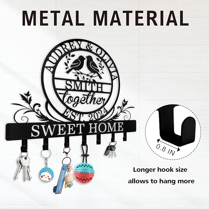 Personalized Key Holder for Wall | Metal Key Rack Wall Mount with Couple's Name | Key Rack Coat Rack Organizer | Key Hooks Wall Decorative for Bedroom Entryway Hallway | Wedding Gifts